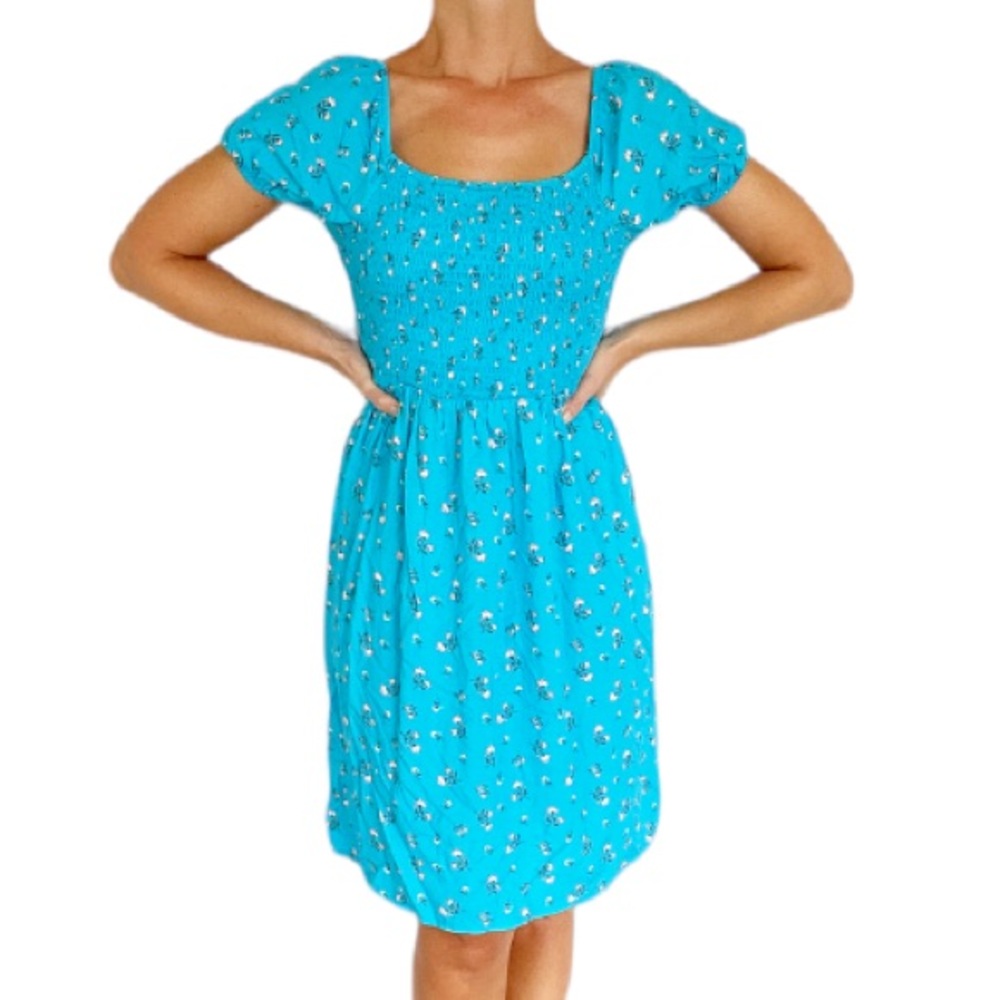 Love, fire blue pink floral smocked puff sleeve dress size large